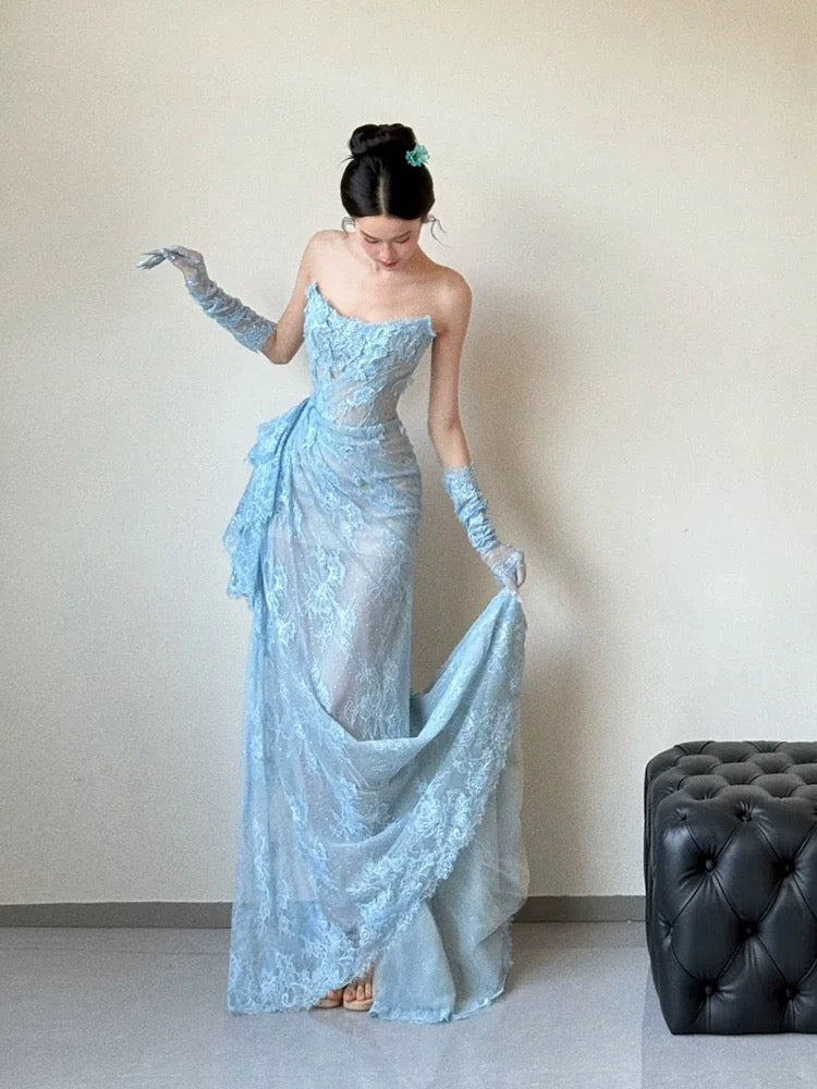 Classy Mermaid Strapless Lace Blue Long Evening Gowns Split Prom Dress