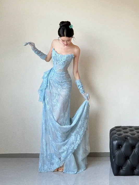 Classy Mermaid Strapless Lace Blue Long Evening Gowns Split Prom Dress