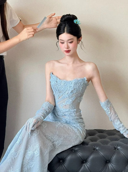 Classy Mermaid Strapless Lace Blue Long Evening Gowns Split Prom Dress