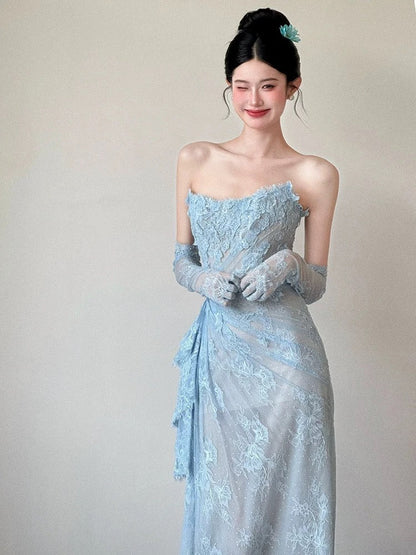 Classy Mermaid Strapless Lace Blue Long Evening Gowns Split Prom Dress