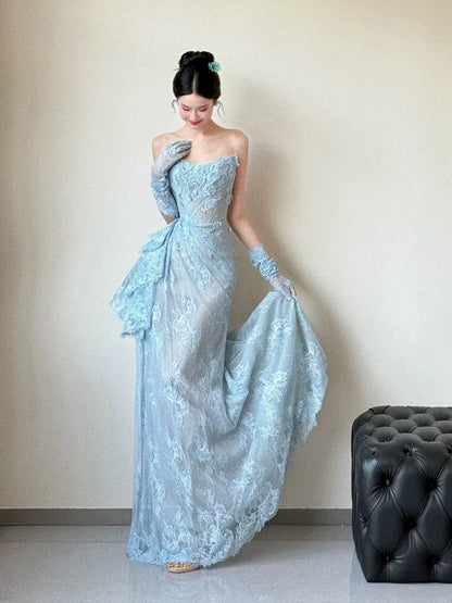 Classy Mermaid Strapless Lace Blue Long Evening Gowns Split Prom Dress