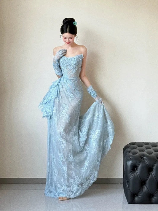 Classy Mermaid Strapless Lace Blue Long Evening Gowns Split Prom Dress