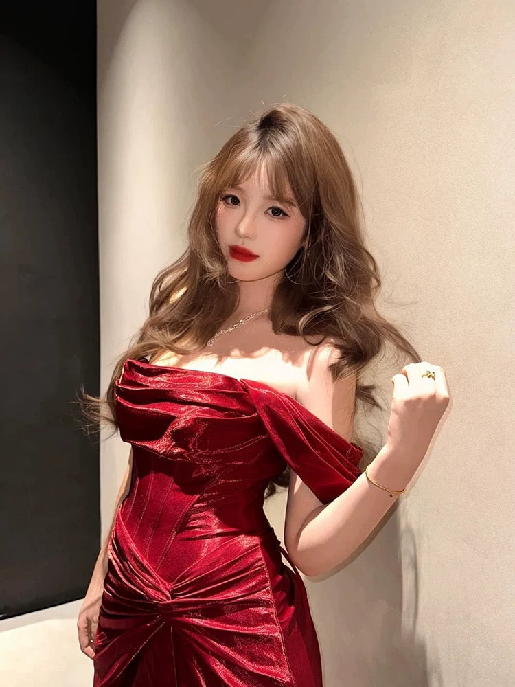 Classy Mermaid Off The Shoulder Red Satin Long Evening Gowns Split Prom Dress