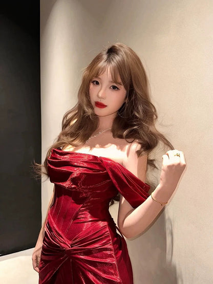 Classy Mermaid Off The Shoulder Red Satin Long Evening Gowns Split Prom Dress