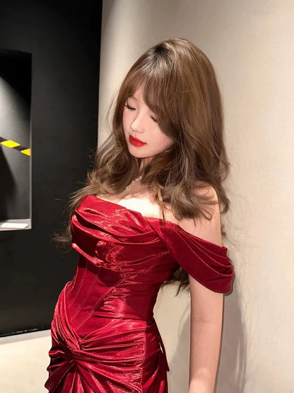 Classy Mermaid Off The Shoulder Red Satin Long Evening Gowns Split Prom Dress