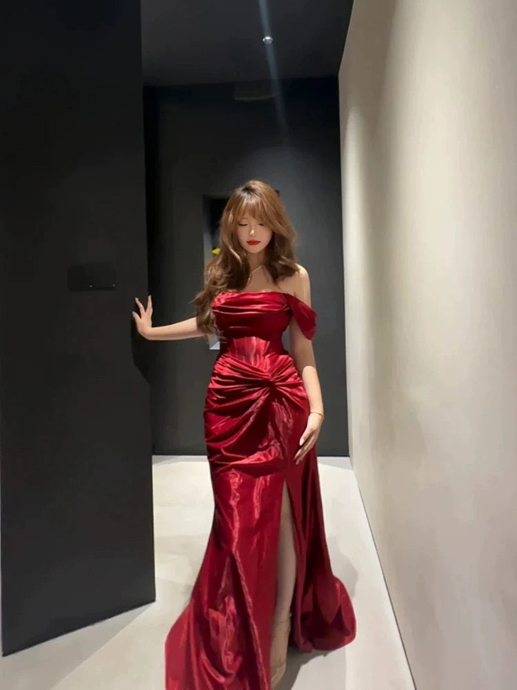 Classy Mermaid Off The Shoulder Red Satin Long Evening Gowns Split Prom Dress