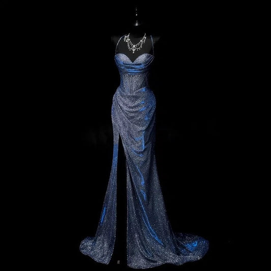 Classy Mermaid Spaghetti Straps Navy Blue Sequin Long Evening Gowns Prom Dress