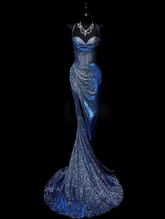 Classy Mermaid Spaghetti Straps Navy Blue Sequin Long Evening Gowns Prom Dress