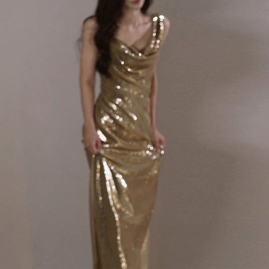 Classy Mermaid Straps Gold Sequin Long Evening Gowns Prom Dress