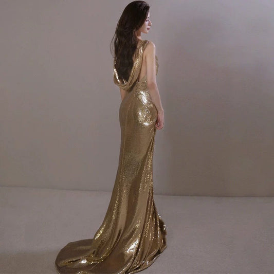 Classy Mermaid Straps Gold Sequin Long Evening Gowns Prom Dress