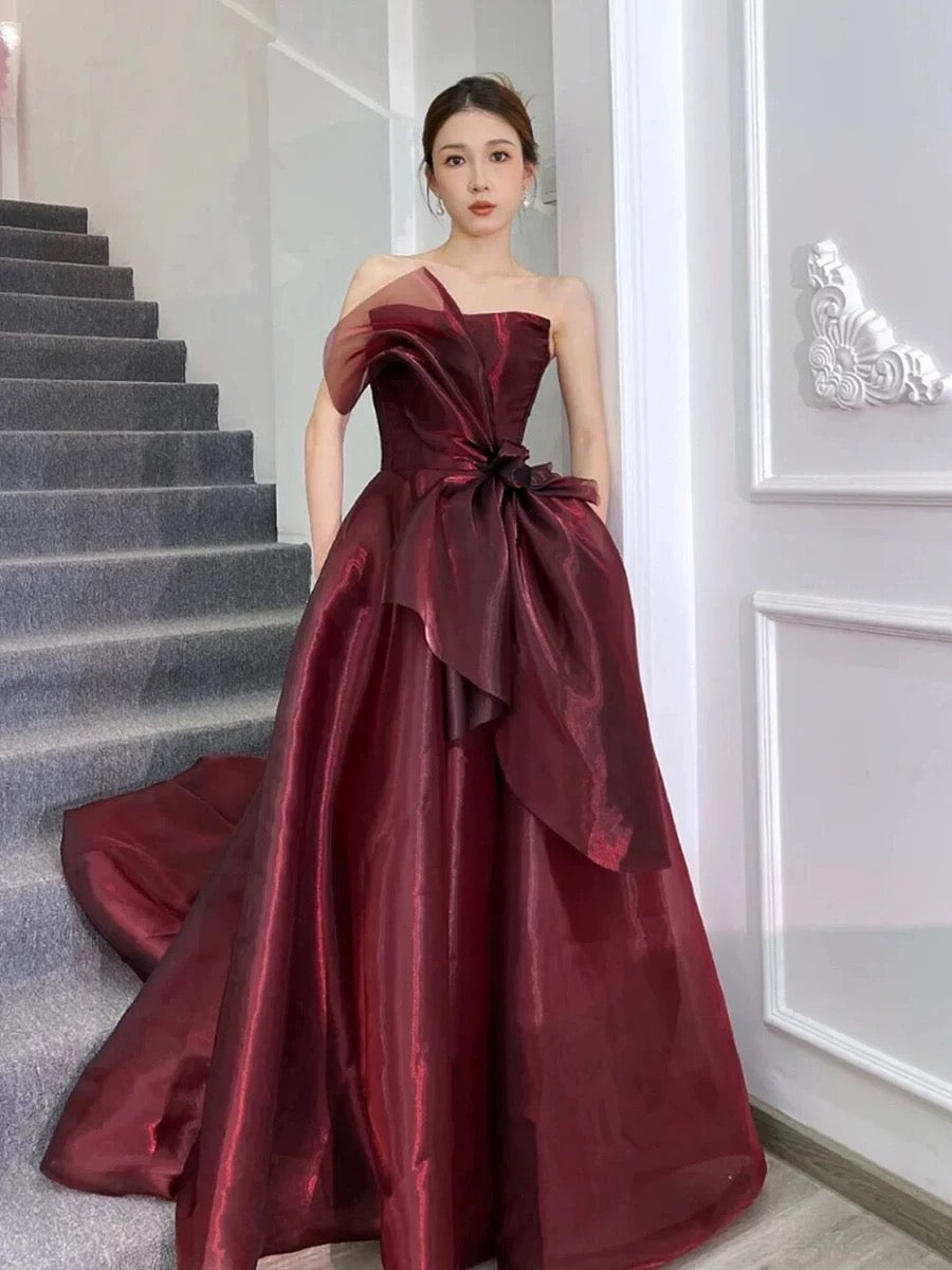 Pretty Ball Gown Strapless Burgundy Organza Long Length Evening Dress Prom Dresses
