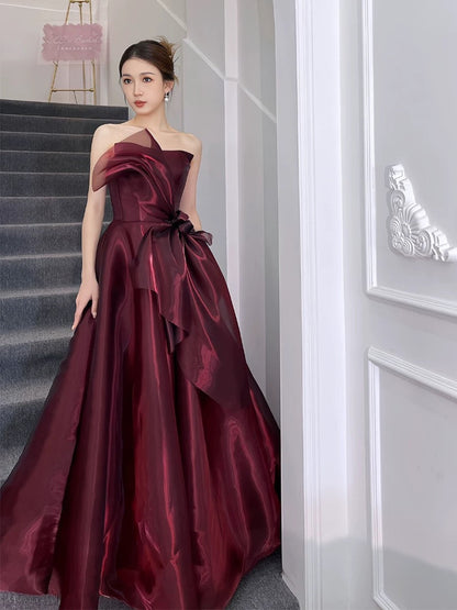 Pretty Ball Gown Strapless Burgundy Organza Long Length Evening Dress Prom Dresses