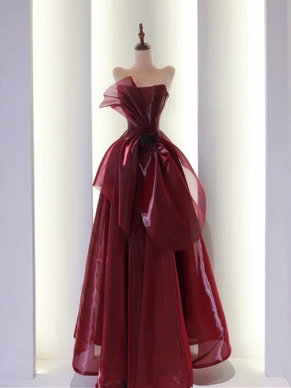 Pretty Ball Gown Strapless Burgundy Organza Long Length Evening Dress Prom Dresses