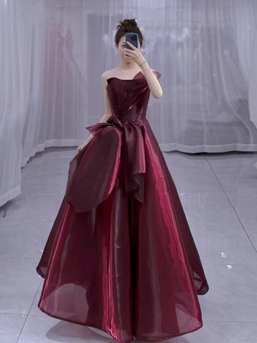 Pretty Ball Gown Strapless Burgundy Organza Long Length Evening Dress Prom Dresses