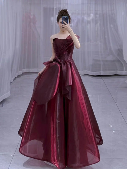 Pretty Ball Gown Strapless Burgundy Organza Long Length Evening Dress Prom Dresses