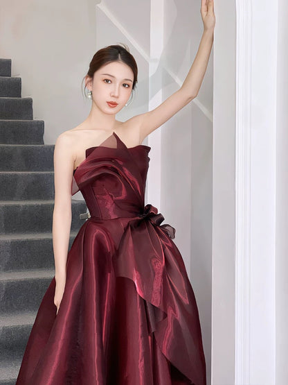 Pretty Ball Gown Strapless Burgundy Organza Long Length Evening Dress Prom Dresses