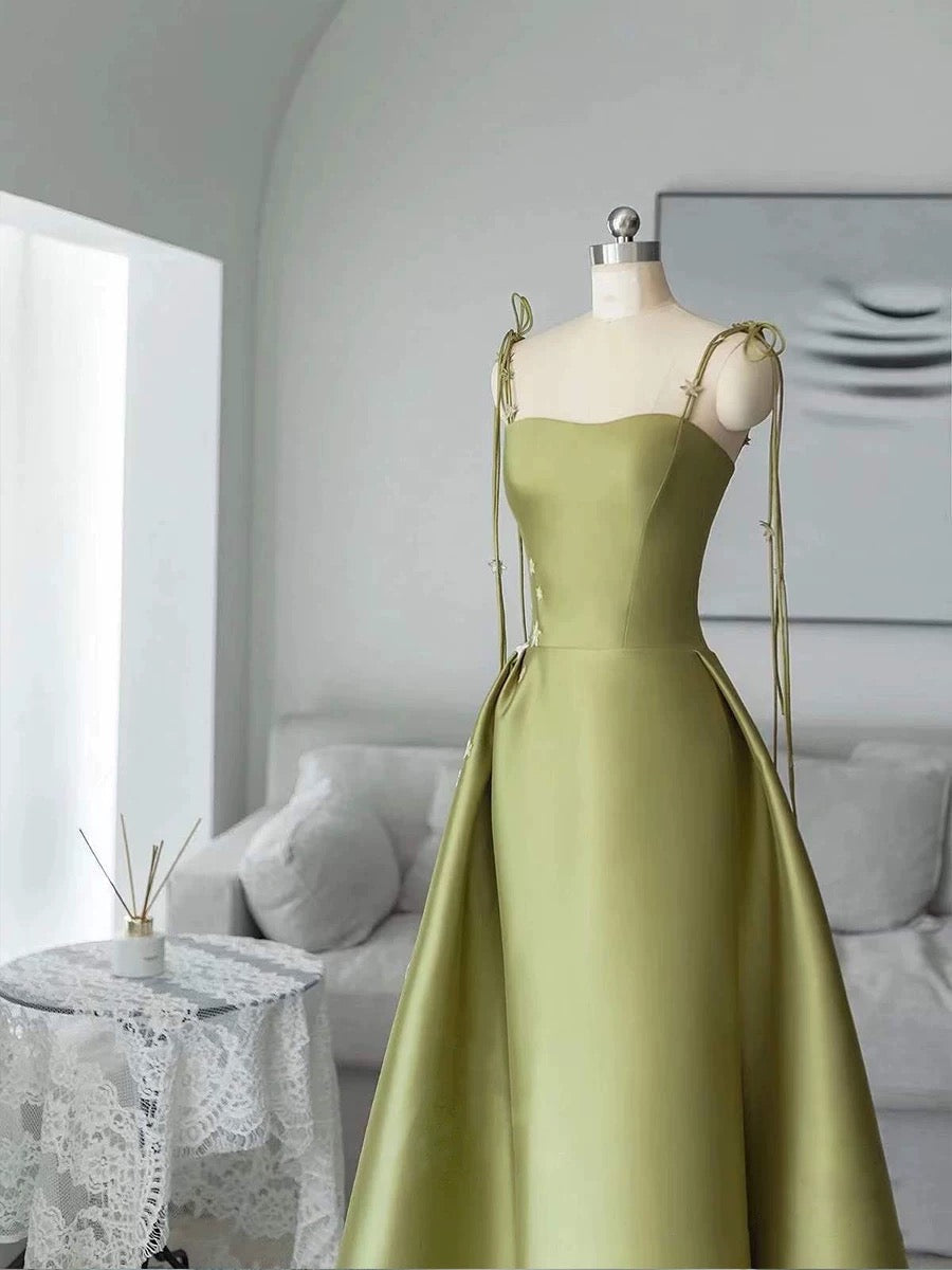 Pretty Ball Gown Straps Sage Green Satin Long Length Evening Dress Prom Dresses
