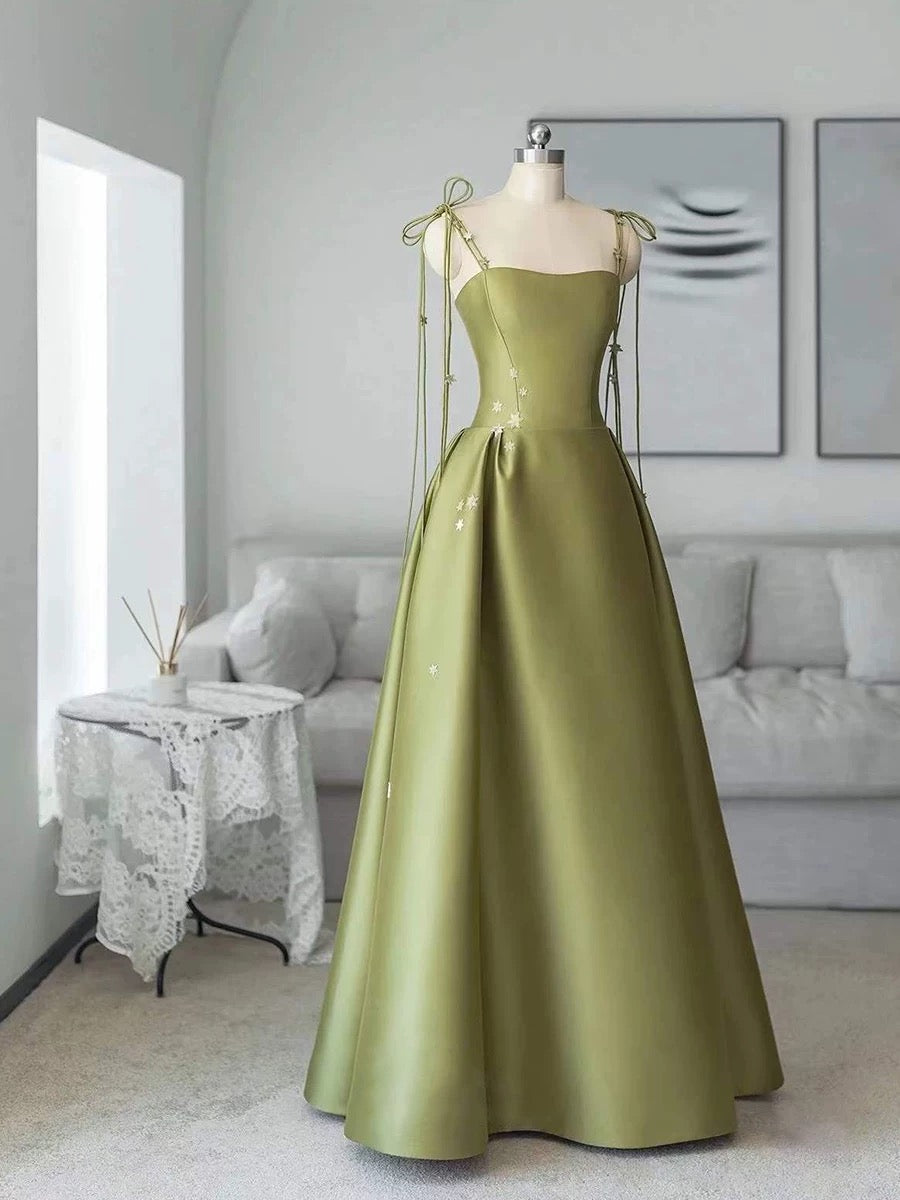 Pretty Ball Gown Straps Sage Green Satin Long Length Evening Dress Prom Dresses