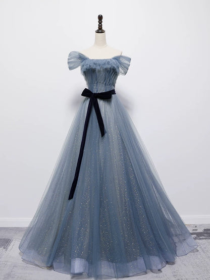 Vintage Ball Gown Off The Shoulder Blue Tulle Long Prom Gown Fairy Prom Dresses
