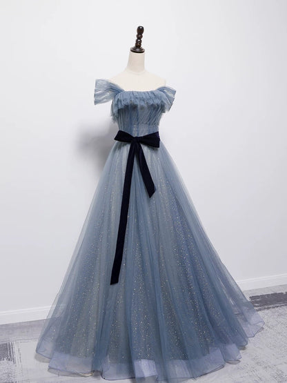 Vintage Ball Gown Off The Shoulder Blue Tulle Long Prom Gown Fairy Prom Dresses