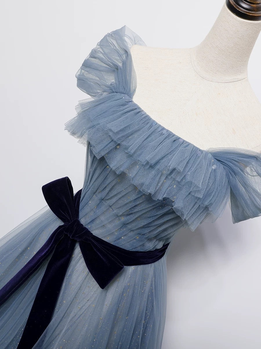 Vintage Ball Gown Off The Shoulder Blue Tulle Long Prom Gown Fairy Prom Dresses