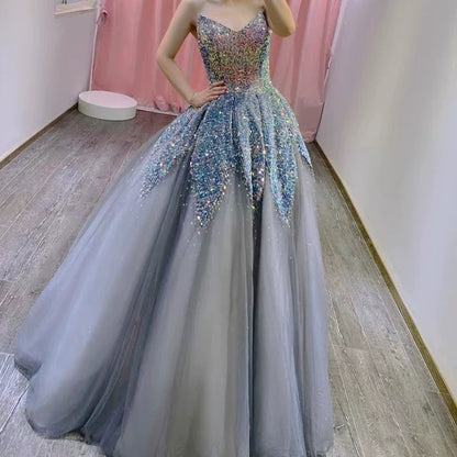 Gorgeous Balll Gown Sweetheart Blue Sequin Tulle Long Evening Dress Prom Dresses
