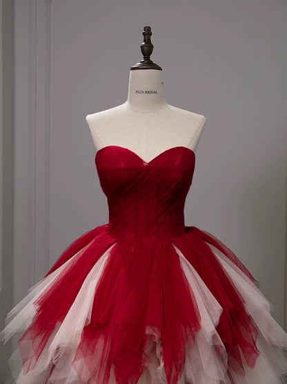 Gorgeous Balll Gown Sweetheart Red Tulle Ruffles Long Evening Dress Prom Dresses