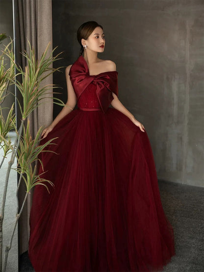 Vintage Ball Gown Strapless Burgundy Tulle Long Prom Gown Fairy Prom Dresses