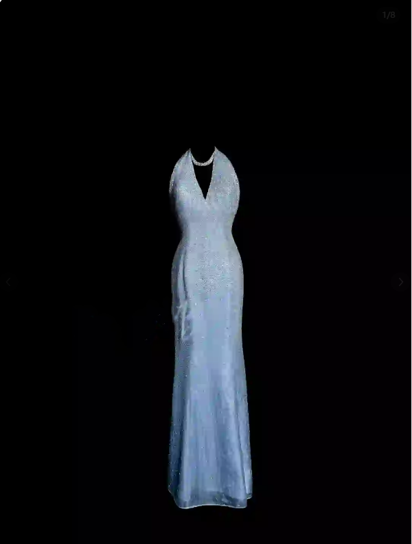 Vintage Mermaid Halter Neck Blue Sequin Prom Gown Fairy Prom Dresses