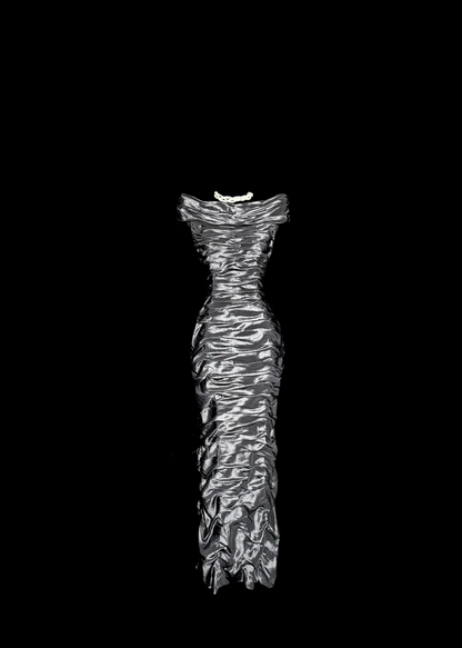 Vintage Sheath Off The Shoulder Silver Gray Sleeveless Long Prom Gown Fairy Prom Dresses