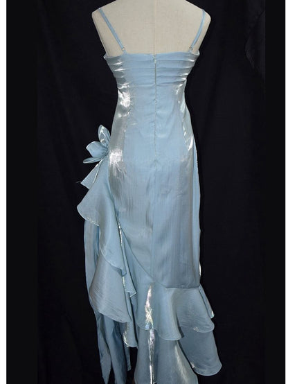 Retro Baby Blue Vintage Floral Dress Asymmetrical Hem Prom Gown