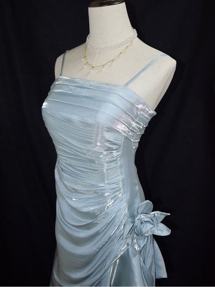 Retro Baby Blue Vintage Floral Dress Asymmetrical Hem Prom Gown
