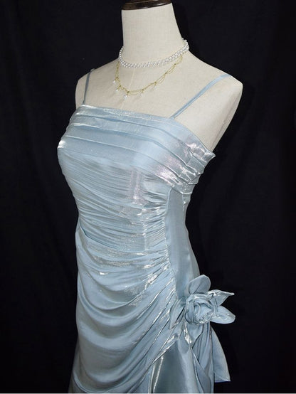 Retro Baby Blue Vintage Floral Dress Asymmetrical Hem Prom Gown