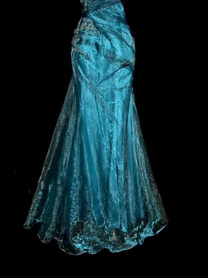 Vintage Mermaid Strapless Tulle Blue Long Prom Gown Fairy Prom Dresses
