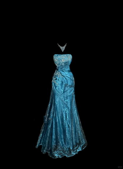 Vintage Mermaid Strapless Tulle Blue Long Prom Gown Fairy Prom Dresses