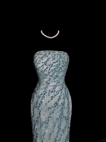 Vintage Mermaid Strapless Tulle Blue Beads Long Prom Gown Fairy Prom Dresses