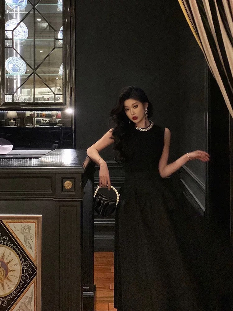 Vintage Ball Gown Jewel Sleeveless Black Satin Prom Dresses Birthday Outfits