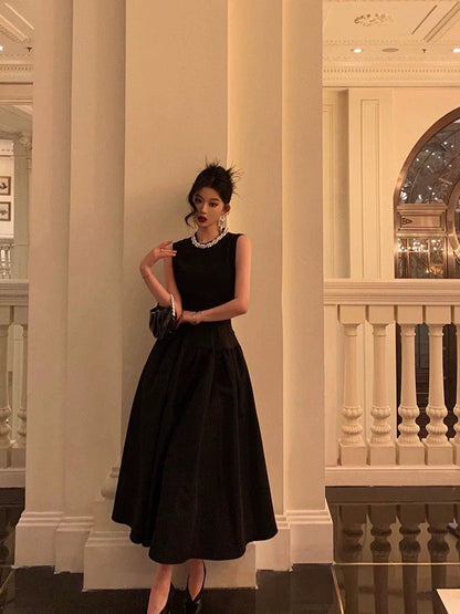Vintage Ball Gown Jewel Sleeveless Black Satin Prom Dresses Birthday Outfits