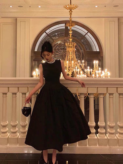 Vintage Ball Gown Jewel Sleeveless Black Satin Prom Dresses Birthday Outfits