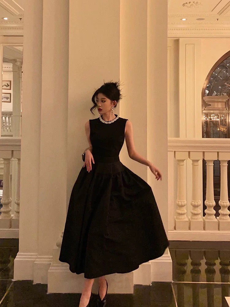 Vintage Ball Gown Jewel Sleeveless Black Satin Prom Dresses Birthday Outfits