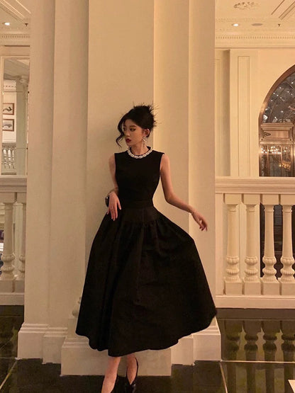 Vintage Ball Gown Jewel Sleeveless Black Satin Prom Dresses Birthday Outfits