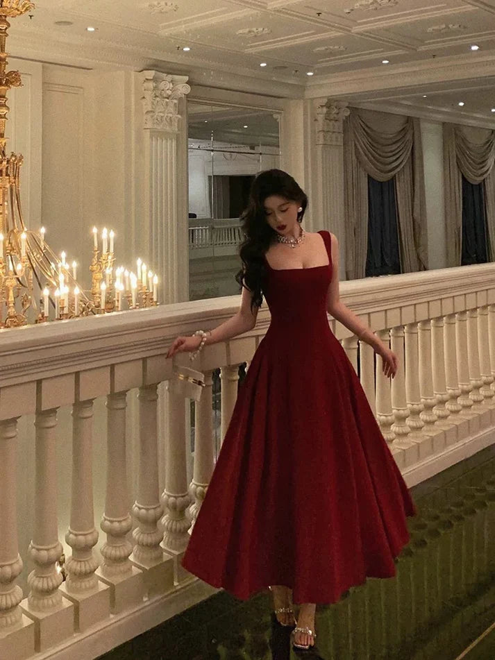 Retro Burgundy Maxi Length Design Elegant A-Line Evening Dress Prom Dress TP4106