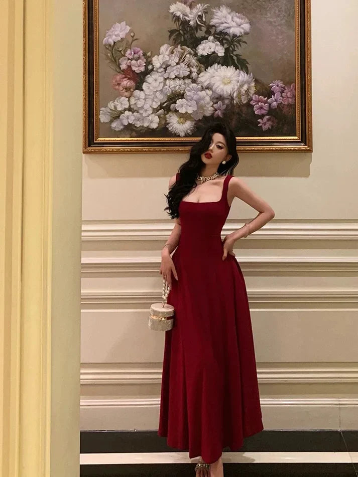 Retro Burgundy Maxi Length Design Elegant A-Line Evening Dress Prom Dress TP4106