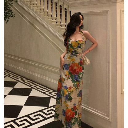 Pretty A Line Halter Floral Long Prom Dresses Birthday Outfits Evening Gown