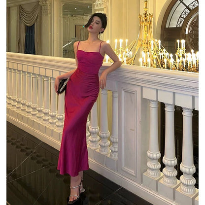 Sexy Sheath Spaghetti Straps Hot Pink Satin Prom Dresses Birthday Outfits Evening Gown