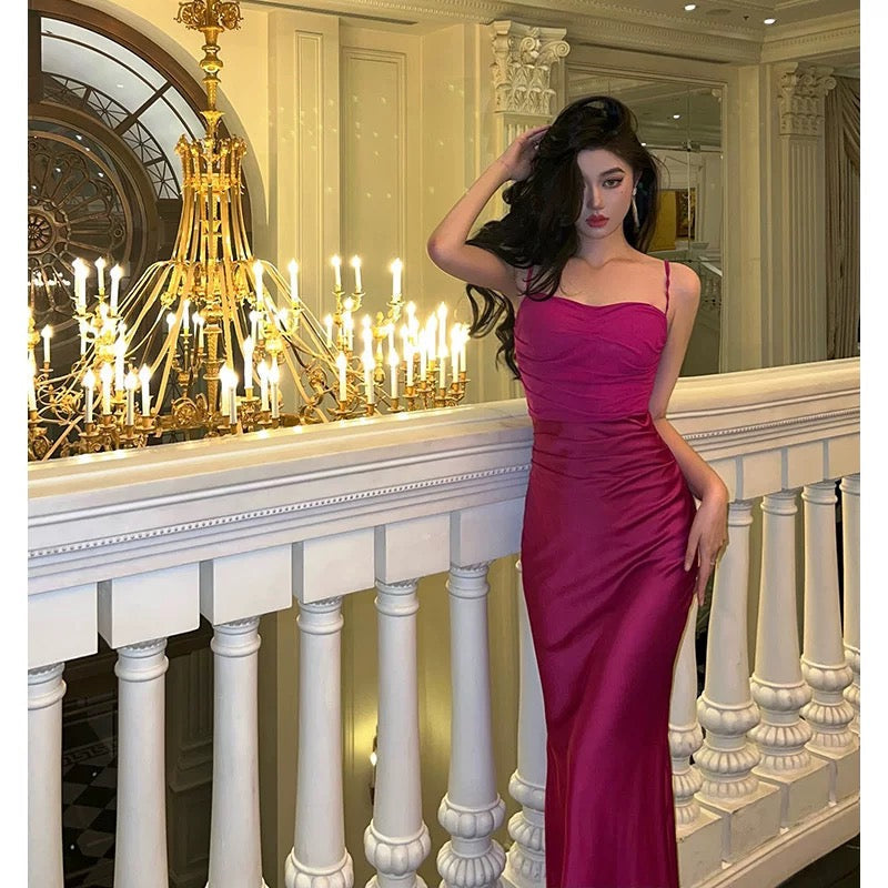 Sexy Sheath Spaghetti Straps Hot Pink Satin Prom Dresses Birthday Outfits Evening Gown