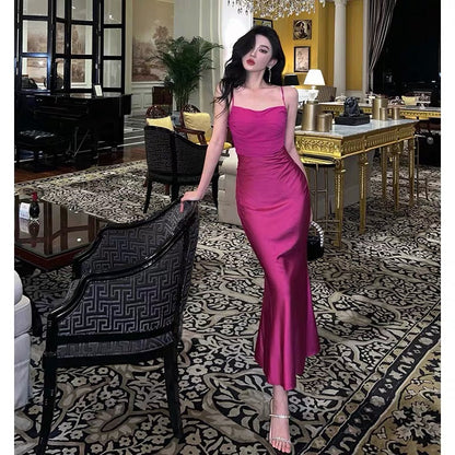 Sexy Sheath Spaghetti Straps Hot Pink Satin Prom Dresses Birthday Outfits Evening Gown