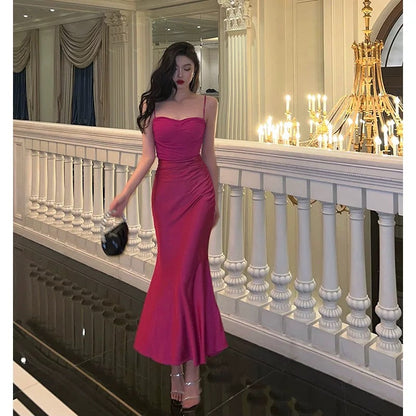 Sexy Sheath Spaghetti Straps Hot Pink Satin Prom Dresses Birthday Outfits Evening Gown