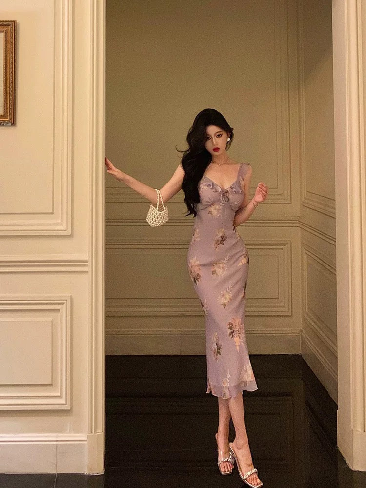 Sexy Sheath V neckline Lilac Floral Satin Prom Dresses Birthday Outfits Evening Gown