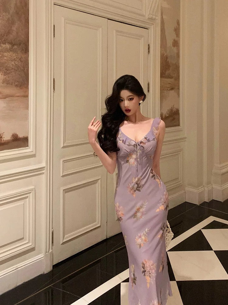 Sexy Sheath V neckline Lilac Floral Satin Prom Dresses Birthday Outfits Evening Gown